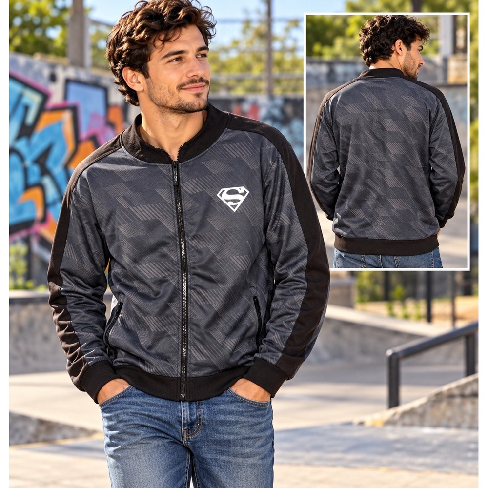 Superman DC Comics Track Jacket Full Zip Charcoal Black Geometric Size M